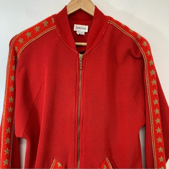 Vtg Neiman Marcus Thermal Waffle Knit Red Sweatshirt Woman M Zip Gold Trim USA - Picture 2 of 11